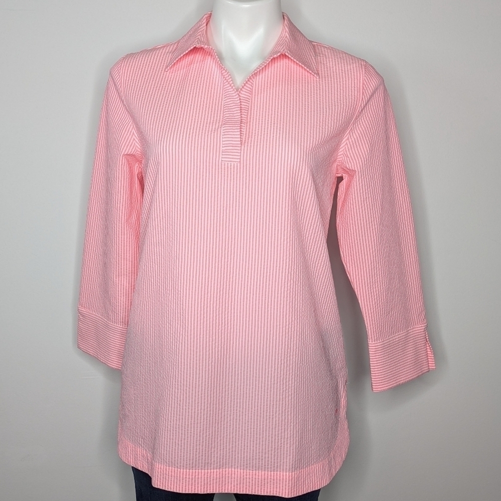Vineyard Vines Performance Pink White Striped Collared 3/4 Sleeve Top XS